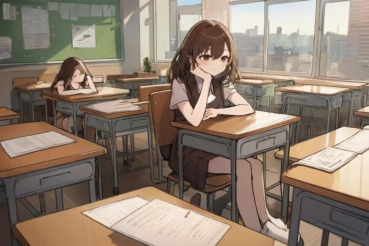 (photorealistic:1.0), (woman:1.2),unity 8k wall paper,(ultra-detailed, highres, magnificent view:1.15),soft color, (very close to viewer:1.0), (brown hair, brown eyes:0.9),school, class room, sleeping, sitting, cheek on desk,, closed mouth, rubbing eyes, sideboob, 