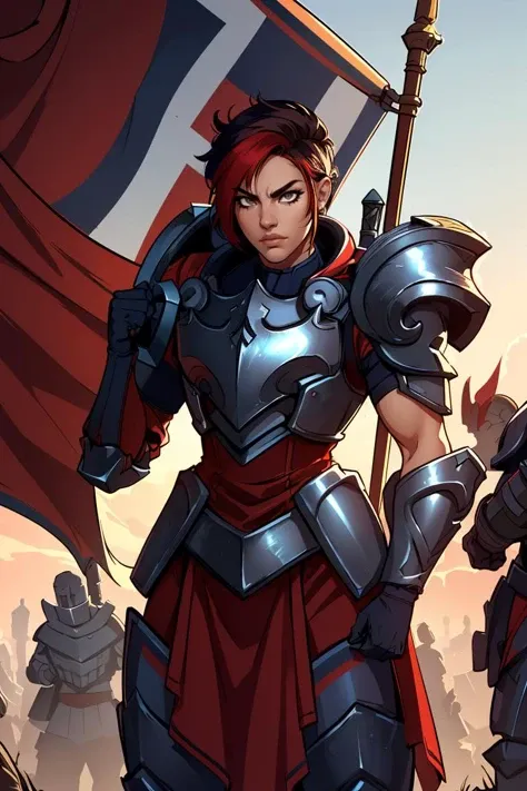 Ash,short multicolored hair,brown eyes,lips,standing,serious expression,upper body,closed fists,shoulder armor,armor,boots,blue and red pelvic curtain,battle ground,blue and red flag in background,morning,(insanely detailed, beautiful detailed face, masterpiece, beautiful detailed eyes, best quality) ,<lora:ASH-PLD-10V5:0.8>,<lora:GoodHands-vanilla:1>,