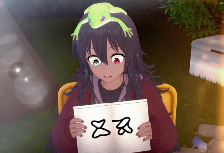 zPDXL, zPDXLxxx, score_9, score_8_up, score_7_up, score_6_up, score_5_up, score_4_up, BREAK <lora:Nao_from_LiL_PonyXL:0.8>, nao-chan, 1girl, heterochromia, red eyes, long hair, black hair, aquamarine eyes, solo, looking down, holding, chair, sleeves past wrists, open mouth, sitting, long sleeves, reading, on head, hair between eyes, outdoors, jacket, upper body, book, nail polish, grass, frog on head, star (symbol)