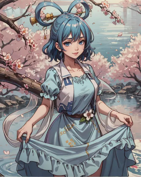 <lora:KakuSeiga:1>, 1girl, kaku seiga, solo, (blue hair:1.2), hair ornament, blue eyes, (shawl:1.2), dress, hair stick, flower, smile, hair rings, skirt hold, vest, branch, short hair, short sleeves, collarbone, puffy sleeves, blue dress, water drop, looking at viewer, open vest, cowboy shot, breasts, frills, puffy short sleeves, belt, medium breasts, cherry blossoms, floral print, (hagoromo:1.2), <lora:add_detail:0.25>, masterpiece, best quality,