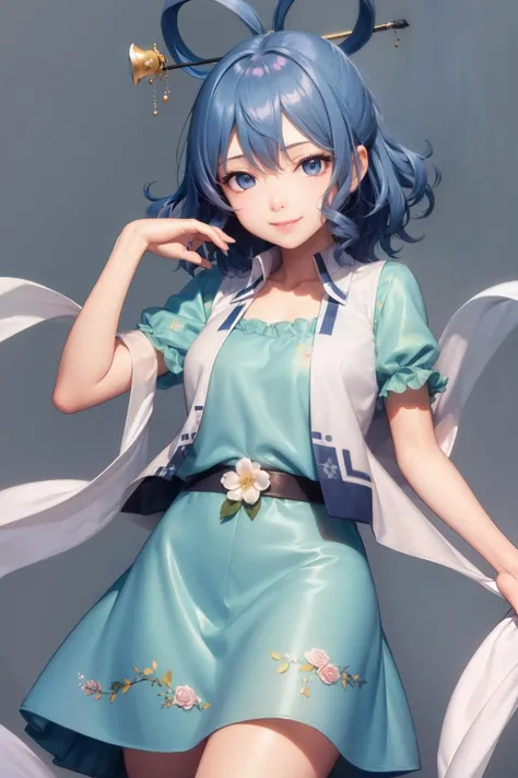 masterpiece, best quality, <lora:KakuSeiga:1>,1girl,kaku seiga, blue hair,short hair,blue eyes,hair rings,hair stick,shawl,hagoromo,open vest,white vest,short sleeves, blue dress,flower,floral print,grey background, smile,cowboy shot,