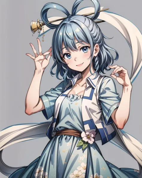 <lora:KakuSeiga:1>,1girl,kaku seiga, blue hair,short hair,blue eyes,hair rings,hair stick,shawl,hagoromo,open vest,white vest,short sleeves, blue dress,flower,floral print,grey background, smile,cowboy shot, <lora:add_detail:1>, masterpiece, best quality,