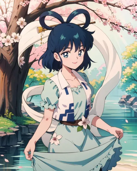 <lora:KakuSeiga:1>, 1girl, kaku seiga, solo, (blue hair:1.2), hair ornament, blue eyes, (shawl:1.2), dress, hair stick, flower, smile, hair rings, skirt hold, vest, branch, short hair, short sleeves, collarbone, puffy sleeves, blue dress, water drop, looking at viewer, open vest, cowboy shot, breasts, frills, puffy short sleeves, belt, medium breasts, cherry blossoms, floral print, (hagoromo:1.2), <lora:smv1:0.8>, masterpiece, best quality,
