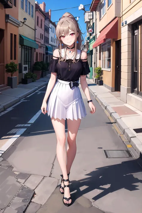 high quality, masterpiece, highres,
1girl, fel1,
hair ribbon, ponytail,
black choker, jewelry, collarbone, earrings,
black shirt, bare shoulders,
white skirt,
cross-laced sandals,
<lora:furen_e_lustario_v10:0.7>
standing, crossed legs, full body, street, day,
head_tilt, arm behind back, smile
