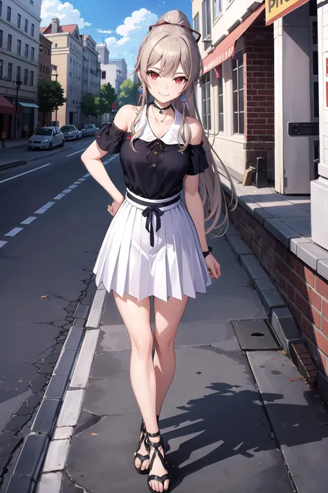 high quality, masterpiece, highres,
1girl, fel1,
hair ribbon, ponytail,
black choker, jewelry, collarbone, earrings,
black shirt, bare shoulders,
white skirt,
cross-laced sandals,
<lora:furen_e_lustario_v10:0.7>
standing, (crossed legs), full body, street, day,
head_tilt, arm behind back, smile