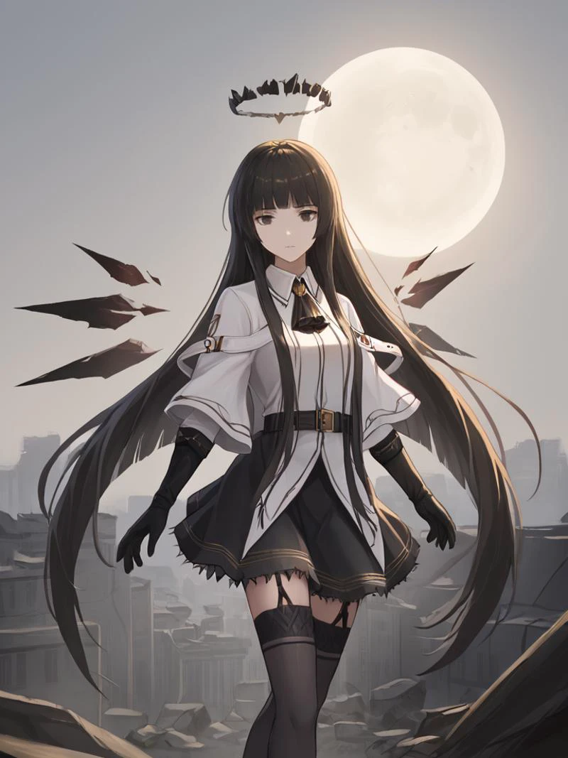 score_9, score_8_up, source_anime, (cowboy shot:1.4), real, realistic, night, moon,
1girl, solo, VirtuosaBase, long hair, hime cut, broken halo, black ascot, white shirt, capelet, black sleeves, black gloves, belt, black skirt, garter straps, black thighhighs, black high heels, energy wings, outdoors, city ruin, urban, rubble, expressionless,
<lora:ChamVirtuosaPonyXL:0.8> <lora:Pony_DetailV2.0:2> <lora:epic_anime_scenery_v0_1:0.5> scenery