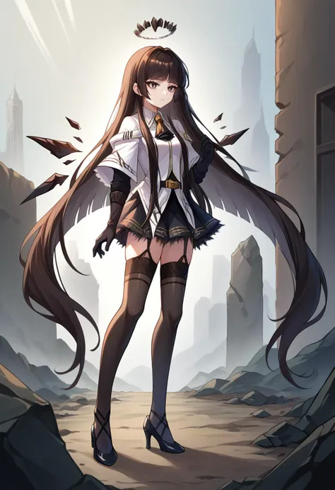 score_9, score_8_up, source_anime, 1girl, solo, VirtuosaBase, white pupils, long hair, hime cut, broken halo, black ascot, white shirt, capelet, black sleeves, black gloves, belt, black skirt, garter straps, black thighhighs, black high heels, energy wings, outdoors, ruin, urban, rubble, expressionless, <lora:ChamVirtuosaPonyXL-000004:1>