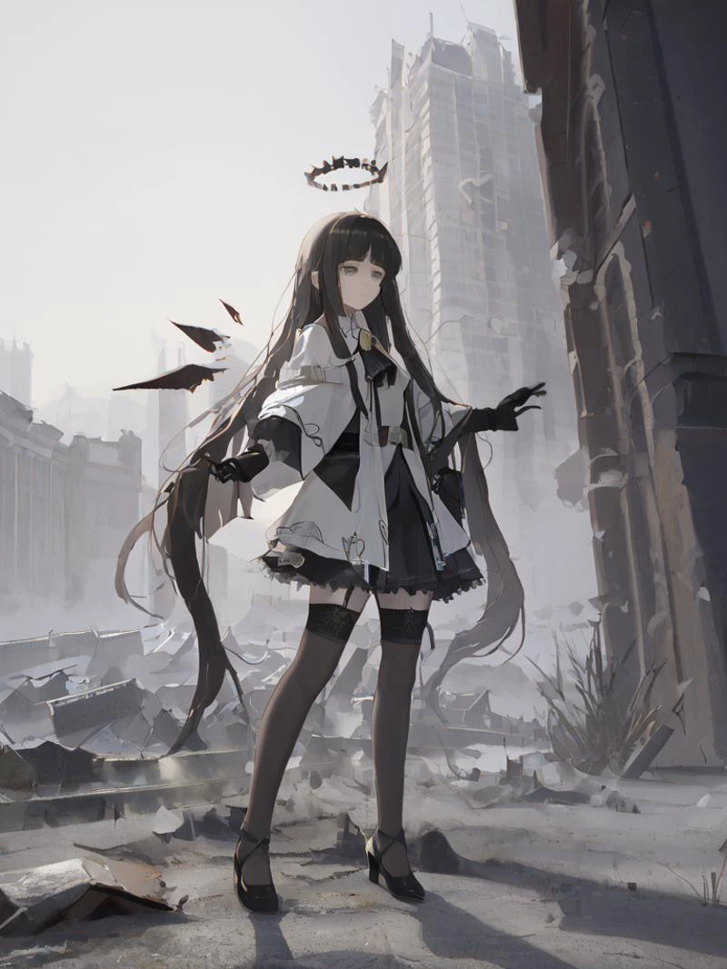 score_9, score_8_up, source_anime,
1girl, solo, VirtuosaBase, white pupils, long hair, hime cut, broken halo, black ascot, white shirt, capelet, black sleeves, black gloves, belt, black skirt, garter straps, black thighhighs, black high heels, energy wings, outdoors, city ruin, urban, rubble, expressionless,
<lora:ChamVirtuosaPonyXL:1> <lora:Pony_DetailV2.0:1> <lora:epic_anime_scenery_v0_1:1> scenery