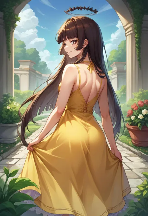 score_9, score_8_up, source_anime, 1girl, solo, VirtuosaBase, white pupils, long hair, hime cut, broken halo, from behind, yellow sundress, garden, day, sunshine, smile, looking back, <lora:ChamVirtuosaPonyXL-000004:1>