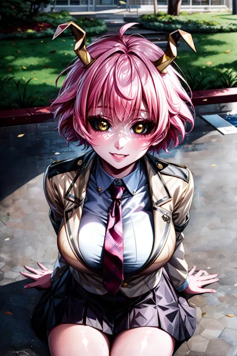 (best quality:1.2), 1girl, (masterpiece:1.2), raytracing, cute face, perfect face, ultra detailed,detailed face, 8k wallpaper, wide hips, <lora:more_details:0.5>, AshidoMina_NDV, 1girl, yellow eyes, pink hair, large breasts, horns, pink skin, black sclera, short hair,  <lora:AshidoMina_NDV:0.7>, outdoor, smile, school uniform, jacket, shirt, shirt, tie, sitting