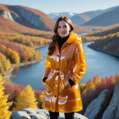 an woman wearing an mdgmmy coat in a scenic vista<lora:gummy:1>