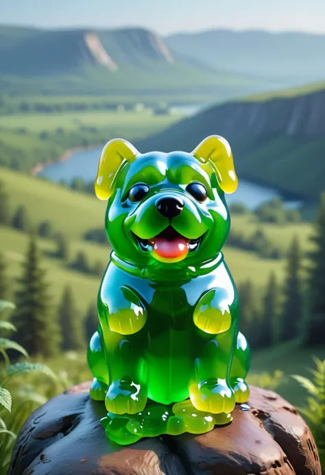 a green mdgmmy gummy dog in a scenic vista<lora:gummy:1>