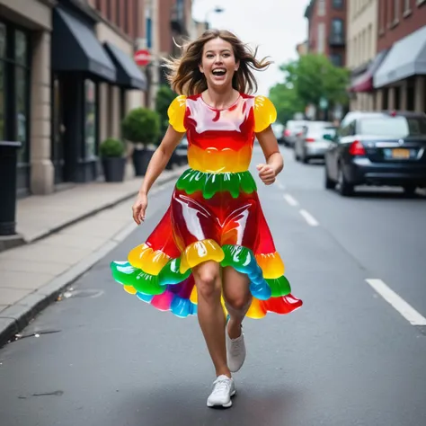 a woman wearing an mdgmmy gummy dress running down the street<lora:gummy:0.6>