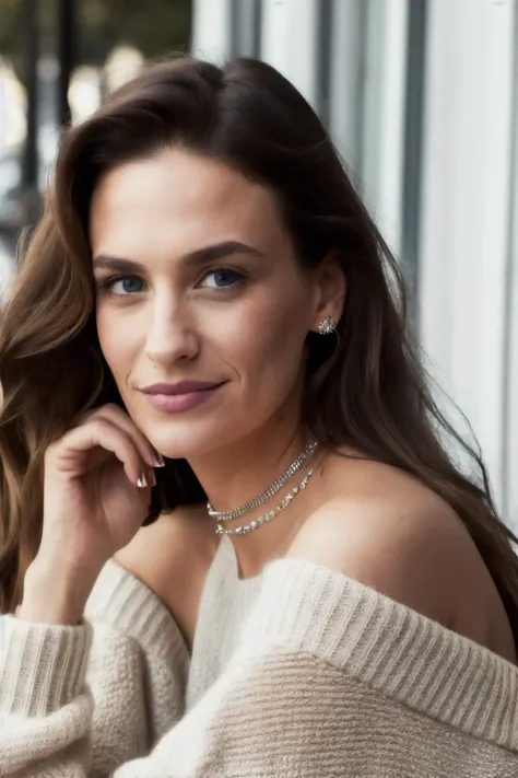 jnj piercing eyes, looking straight, very happy,long hair, wearing an off-shoulder sweater, choker, closeup portrait, in a outdoor cafe in 2015, afternoon light, <lyco:JanuaryJones-RealVision-V1.0:1.0>,