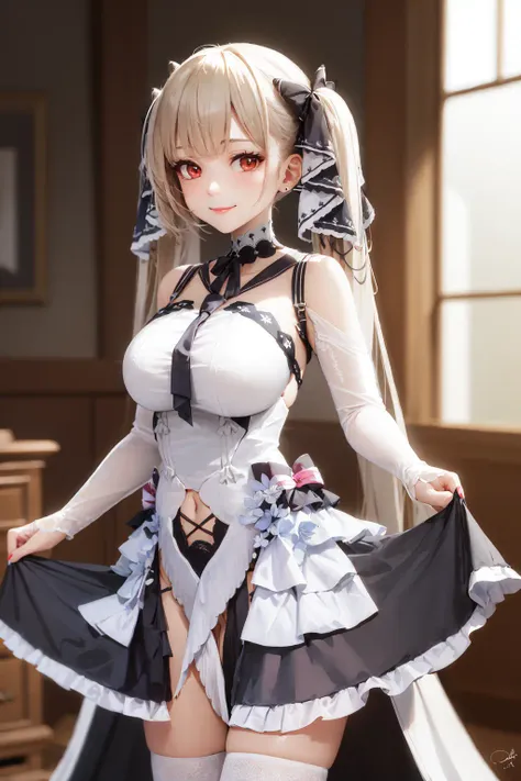 (masterpiece, best quality:1.2), <lora:azur_formidable-10:1.0>, solo, 1girl, formidable \(azur lane\), smile, looking at viewer, red eyes, frilled dress, white thighhighs