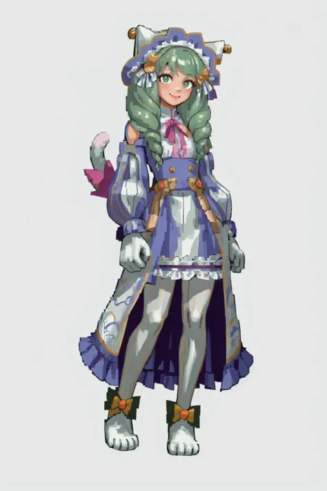 masterpiece, best quality, solo, 1girl, looking at viewer, smile, <lora:FlaynFEHHalloween-bsinky-v1:0.9>, hlwnFlayn, striped pantyhose, gloves, cat paws, cat ears, cat tail, tail bow, paw shoes, <lora:SNK-Kof_sprites_Fp:0.8>, full body, simple background, standing