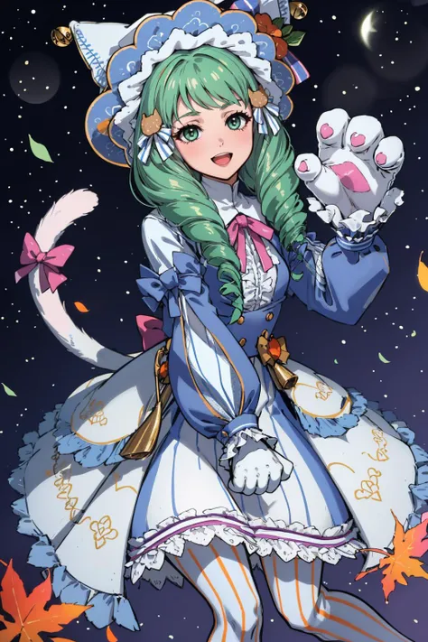 masterpiece, best quality,  <lora:FlaynFEHHalloween-bsinky-v1:0.9> hlwnFlayn, striped pantyhose, hair ornament, white gloves, animal hands, cat paws, long sleeves, hat, dress, pink bow, tail, striped pantyhose, frills, striped, cat ears, cat tail, bell, drill hair, tail ornament, tail bow, paw shoes, night, bats, furrowed brow, :D, dutch angle, looking at viewer, autumn
