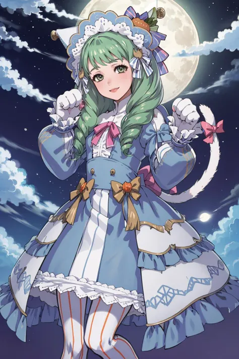 masterpiece, best quality, solo, 1girl, looking at viewer, smile, <lora:FlaynFEHHalloween-bsinky-v1:0.9>, hlwnFlayn, striped pantyhose, gloves, cat paws, cat ears, cat tail, tail bow, paw shoes, <lora:FE-ENGAGE S Rank_Fp:1>, sky, cloud, night, moon,