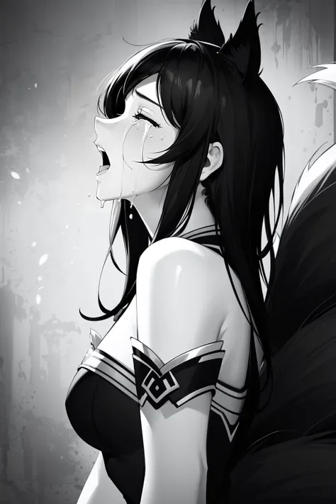 (masterpiece, best quality), intricate details,
1girl, <lora:Ahri-10:0.6> Ahri, (((multiple tails))) , black hair, yellow eyes, , whisker markings,
<lora:CryingAsagiriAya:1> CryingAsagiriAya, closed eyes, monochrome,