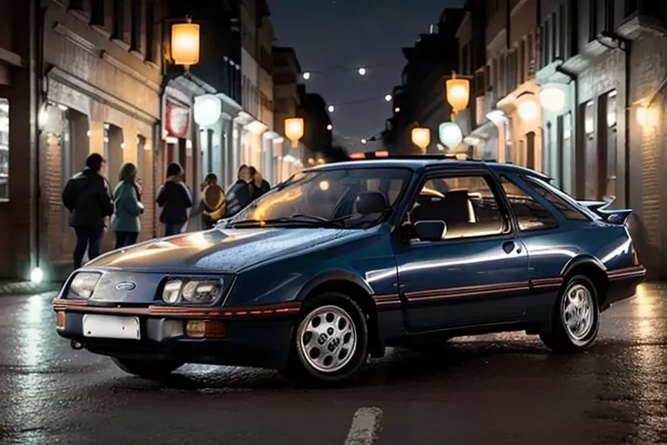 Ford Sierra in street,<lora:s13rr4:1>,night time, neon lights,bokeh