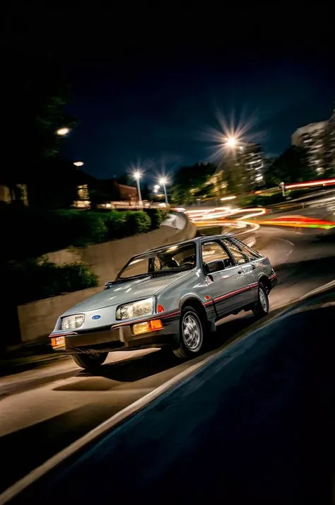 Ford Sierra rolling downhill at night time in an urban area, < <hypernet:longexposure_v01:1>, dutch Angle Shot,colored urban lights, <lora:add_detail:1> <lora:epiNoiseoffset_v2:1> <lora:s13rr4:1>