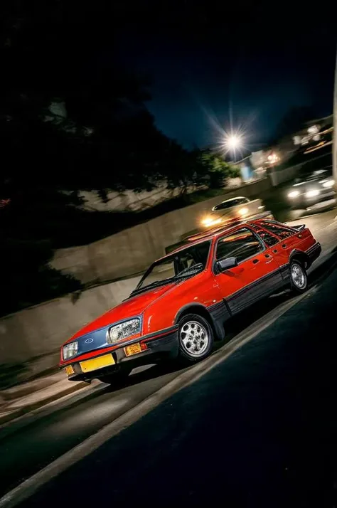 Ford Sierra rolling downhill at night time in an urban area, < <hypernet:longexposure_v01:1>, dutch Angle Shot,colored urban lights, <lora:add_detail:1> <lora:epiNoiseoffset_v2:1> <lora:s13rr4:1>