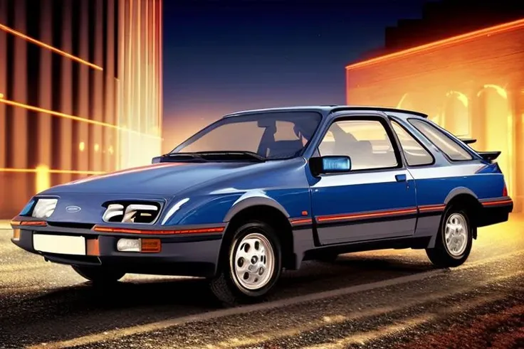 Ford Sierra in street,<lora:s13rr4:1>,night time, neon lights,archer style