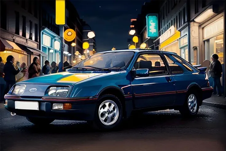 Ford Sierra in street,<lora:s13rr4:1>,night time, neon lights