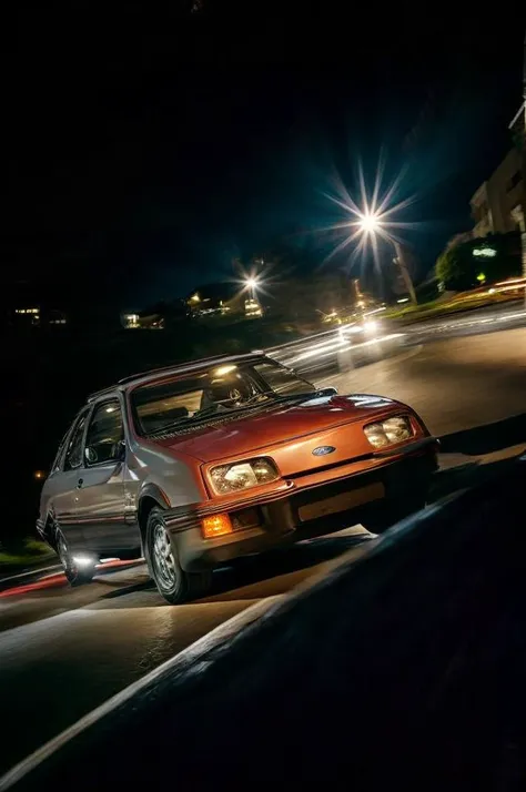 Ford Sierra rolling downhill at night time in an urban area, < <hypernet:longexposure_v01:1>, dutch Angle Shot,colored urban lights, <lora:add_detail:1> <lora:epiNoiseoffset_v2:1> <lora:s13rr4:1>