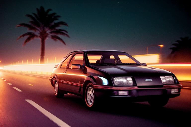 analog gloomy photo of a black Ford Sierra car, <lora:s13rr4:1>, racing down a neon highway at night, outrun, synthwave, retrowave, leaves trace of back red lights, palm trees, High Detail, Sharp focus, ((photorealism)), realistic, best quality, 8k, award winning, dramatic lighting, epic, cinematic, masterpiece