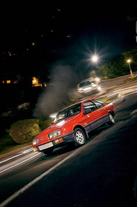 Ford Sierra rolling downhill at night time in an urban area, < <hypernet:longexposure_v01:1>, dutch Angle Shot,colored urban lights, <lora:add_detail:1> <lora:epiNoiseoffset_v2:1> <lora:s13rr4:1>