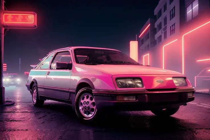 analog gloomy photo of a red Ford Sierra car, <lora:s13rr4:1>, racing down a neon highway at night, outrun, synthwave, retrowave, purple sky, pink and cyan lights, palm trees, flamingos, (cyberpunk), High Detail, Sharp focus, ((photorealism)), realistic, best quality, 8k, award winning, dramatic lighting, epic, cinematic, masterpiece