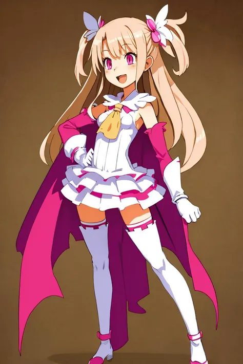 <lora:Harada_Takehito_v2_Repeats5:0.8>,masterpiece, best quality, highres, aaillya, long hair, two side up, hair ornament, small breasts, magical girl, cape, yellow ascot, pink dress, sleeveless, detached sleeves, white gloves, white skirt, pink thighhighs, <lora:illyasviel_von_einzbern_(fate_kaleid_liner)_v1:0.7>, smile, open mouth, standing, contrapposto,