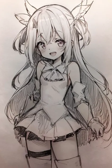 <lora:Pencil_Sketch_Dim64_SD-05:1>,(Pencil_Sketch:1.2, messy lines, greyscale, traditional media, sketch), unfinished, hatching (texture) , aaillya, long hair, two side up, hair ornament, small breasts, magical girl, cape, ascot, dress, sleeveless, detached sleeves, white gloves, white skirt, pink thighhighs, <lora:illyasviel_von_einzbern_(fate_kaleid_liner)_v1:0.7>, smile, open mouth, standing, contrapposto,