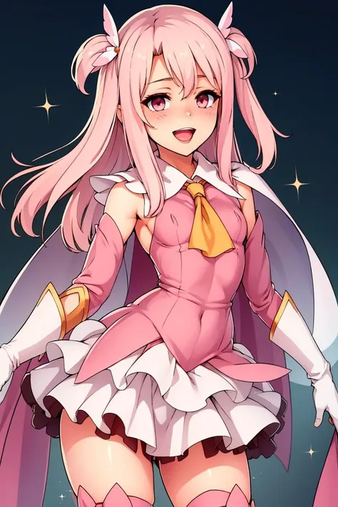 <lora:ricegnat_style:0.8>,masterpiece, best quality, highres, aaillya, long hair, two side up, hair ornament, small breasts, magical girl, cape, yellow ascot, pink dress, sleeveless, detached sleeves, white gloves, white skirt, pink thighhighs, <lora:illyasviel_von_einzbern_(fate_kaleid_liner)_v1:0.7>, smile, open mouth, standing, contrapposto,