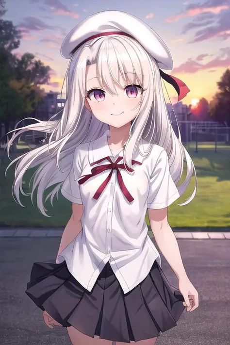 masterpiece, best quality,ultra detail,<lora:GoodHands-vanilla:0.8> <lora:anmnr01:0.3> <lora:add_detail:0.5>, petite, park,flower<lora:illyasviel_von_einzbern_(fate_kaleid_liner)_v1:0.7>aaillya, long hair, beret, white headwear, small breasts, school uniform, neck ribbon, white shirt, collared shirt, short sleeves, black skirt,shiny eyes,evil smile,pretty pose,strong wind,sunset