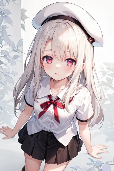 masterpiece, best quality, highres, aaillya, long hair, beret, white headwear, small breasts, school uniform, neck ribbon, white shirt, collared shirt, short sleeves, black skirt, <lora:illyasviel_von_einzbern_(fate_kaleid_liner)_v1:0.7>, looking at viewer, nervous, from above, patterned background,