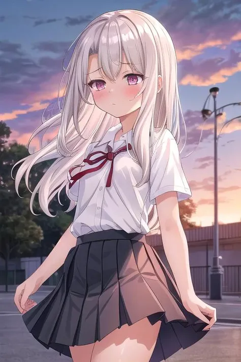 masterpiece, best quality,ultra detail,<lora:GoodHands-vanilla:0.8> <lora:anmnr01:0.3> <lora:add_detail:0.5>, petite,  park,flower<lora:illyasviel_von_einzbern_(fate_kaleid_liner)_v1:0.7>aaillya, long hair, small breasts, school uniform, neck ribbon, white shirt, collared shirt, short sleeves, black skirt,shiny eyes,pretty pose,strong wind,sunset,embarrassing,blush <lora:sensualface_type1:1>