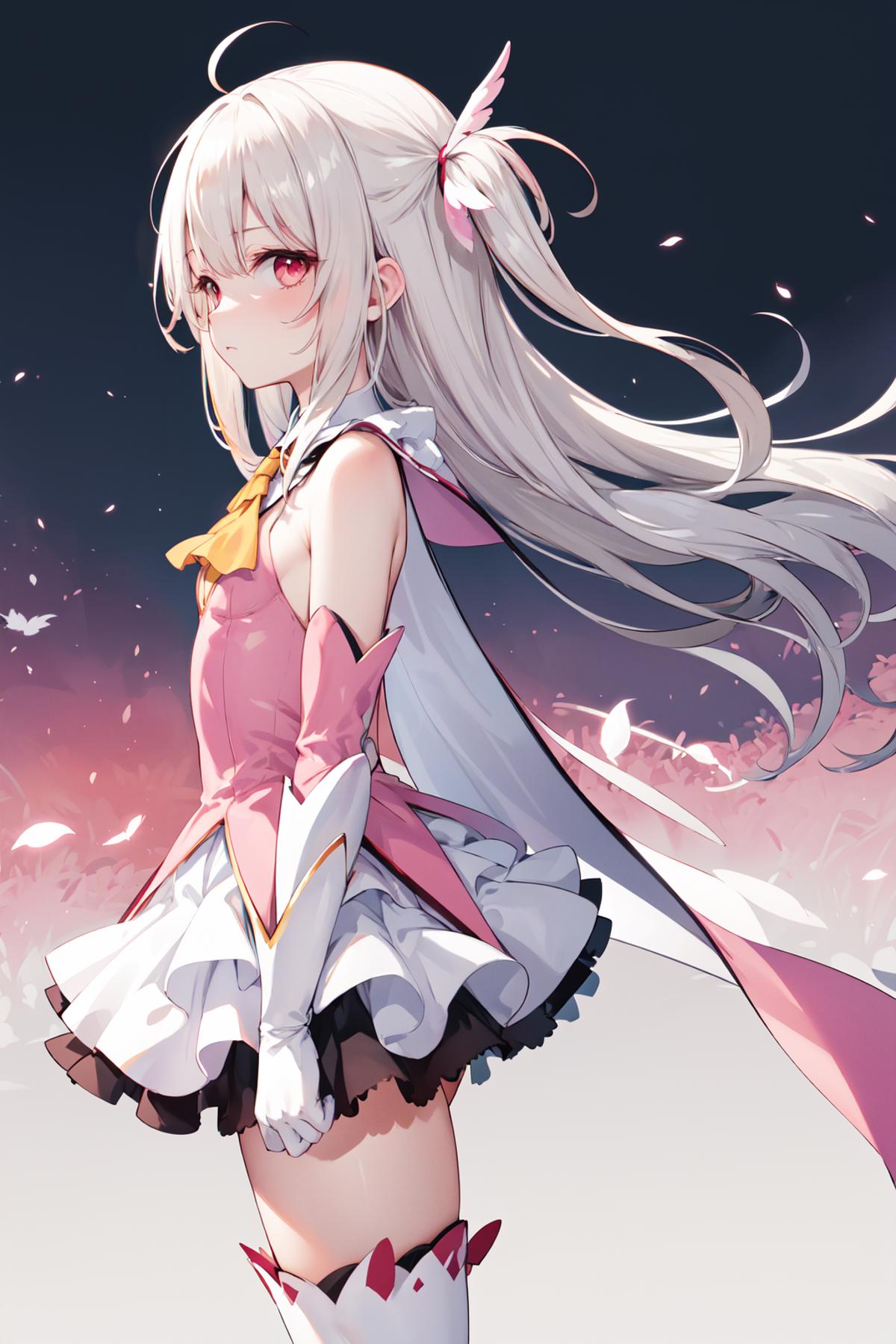 A woman in a pink dress and white hair standing in the snow - SeaArt AI