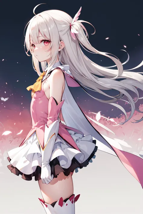 masterpiece, best quality, highres, aaillya, long hair, two side up, hair ornament, small breasts, magical girl, cape, yellow ascot, pink dress, sleeveless, detached sleeves, white gloves, white skirt, pink thighhighs, <lora:illyasviel_von_einzbern_(fate_kaleid_liner)_v1:0.7>, looking at viewer, thoughtful, from side, patterned background,