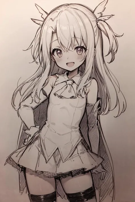 <lora:Pencil_Sketch_Dim64_SD-05:0.6>,(Pencil_Sketch:1.2, messy lines, greyscale, traditional media, sketch), unfinished, hatching (texture) , aaillya, long hair, two side up, hair ornament, small breasts, magical girl, cape, yellow ascot, pink dress, sleeveless, detached sleeves, white gloves, white skirt, pink thighhighs, <lora:illyasviel_von_einzbern_(fate_kaleid_liner)_v1:0.7>, smile, open mouth, standing, contrapposto,