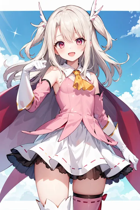 masterpiece, best quality, highres, aaillya, long hair, two side up, hair ornament, small breasts, magical girl, cape, yellow ascot, pink dress, sleeveless, detached sleeves, white gloves, white skirt, pink thighhighs, <lora:illyasviel_von_einzbern_(fate_kaleid_liner)_v1:0.7>, looking at viewer, :d, from below, patterned background,