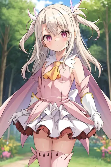 masterpiece, best quality,ultra detail,<lora:GoodHands-vanilla:0.8> <lora:anmnr01:0.3> <lora:add_detail:0.5>, petite, <lora:illyasviel_von_einzbern_(fate_kaleid_liner)_v1:0.7>aaillya, long hair, two side up, hair ornament, small breasts, magical girl, cape, yellow ascot, pink dress, sleeveless, detached sleeves, white gloves, white skirt, pink thighhighs,shiny eyes