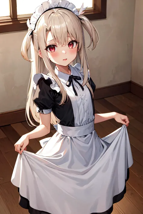 masterpiece, best quality, highres, aaillya, long hair, two side up, small breasts, <lora:illyasviel_von_einzbern_(fate_kaleid_liner)_v1:0.7>, maid, maid headdress, indoors, skirt hold,