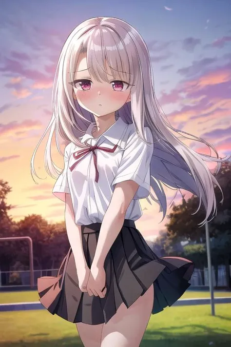 masterpiece, best quality,ultra detail,<lora:GoodHands-vanilla:0.8> <lora:anmnr01:0.3> <lora:add_detail:0.5>, petite, park,flower<lora:illyasviel_von_einzbern_(fate_kaleid_liner)_v1:0.7>aaillya, long hair, small breasts, school uniform, neck ribbon, white shirt, collared shirt, short sleeves, black skirt,shiny eyes,pretty pose,strong wind,sunset,embarrassing,blush <lora:sensualface_type1:1>