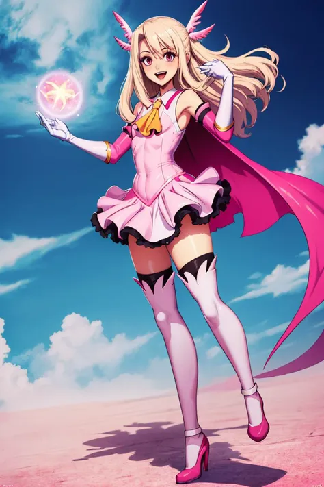 <lora:Genzoman_Style_Dim64:0.6>,masterpiece, best quality, highres, aaillya, long hair, two side up, hair ornament, small breasts, magical girl, cape, yellow ascot, pink dress, sleeveless, detached sleeves, white gloves, white skirt, pink thighhighs, <lora:illyasviel_von_einzbern_(fate_kaleid_liner)_v1:0.7>, smile, open mouth, standing, contrapposto,