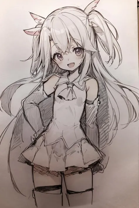 <lora:Pencil_Sketch_Dim64_SD-05:1>,(Pencil_Sketch:1.2, messy lines, greyscale, traditional media, sketch), unfinished, hatching (texture) ,  aaillya, long hair, two side up, hair ornament, small breasts, magical girl, cape, ascot, dress, sleeveless, detached sleeves, white gloves, white skirt, pink thighhighs, <lora:illyasviel_von_einzbern_(fate_kaleid_liner)_v1:0.7>, smile, open mouth, standing, contrapposto,