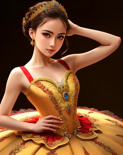 Masterpiece, absurdres,HDR ,highly detailed eyes and face, Primaballerina_tutu, a woman in a ballgown is posing for a picture ,wearing a Primaballerina_tutu, wearing a ballgown, cowboy shot<lora:ballgownBallerina:0.7>
