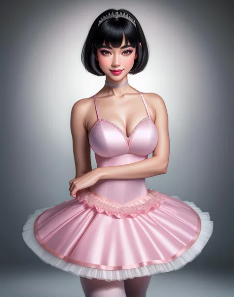 Masterpiece, high quality, 4K, beautiful design, shiny, from the front, award winning photo, extremely detailed, amazing, fine detail, absurdres, highly detailed ((dark haired haired Asian woman)), (((short hair))),extremely detailed eyes and face, by lee jeffries nikon d850 film stock photograph 4 kodak portra 400 camera f1.6 lens rich colors hyper realistic lifelike texture dramatic lighting unrealengine trending on artstation cinestill 800 tungsten,
1girl, solo, expressive look, (bob haircut, bob haircut with bangs, pink makeup on the nose,snub nose,snub nosed woman,smiling seductively,puffy lips, very detailed face, ulzzang-6500:1.255) HDR, highest quality, sexy tutu, sharp focus, looking at viewer, facing viewer, 4k,grey eyes beautifully detailed,a woman posing for a picture making a cute face,wearing a choker around the neck, facing the viewer, standing,(full body picture, visible tutu and skirt:1.3)
(big boobs:1.35)
Primaballerina_tutu, (((simplistic ballerina dress design))),wearing a Primaballerina_tutu, ballerina posing <lora:Prima_Ballerina:0.75>