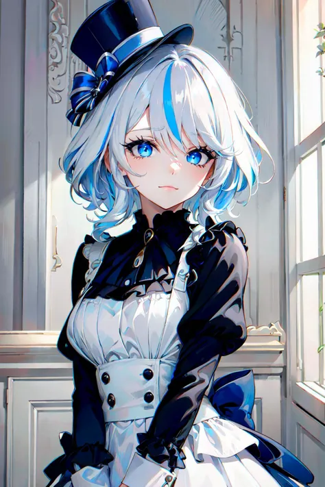 <lora:furina:0.8>,furina,white hair,streaked hair,blue hair,blue eyes,top hat,(;3:1.2),<lora:EnvyPastelGoth01:0.9>,pastel goth,gothic,
